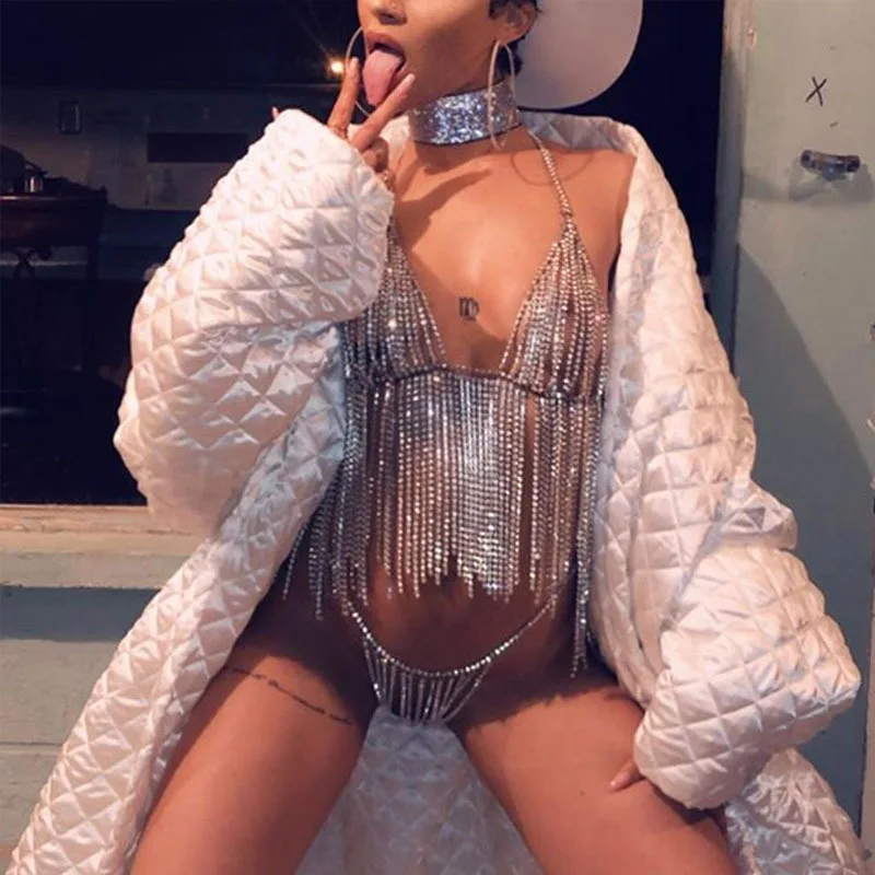 

Блестящий женский бюстгальтер с бахромой, цепочка, бикини, аксессуары для тела, праздничная одежда, сексуальное Хрустальное нижнее белье, бижутерия с бриллиантами, женское платье