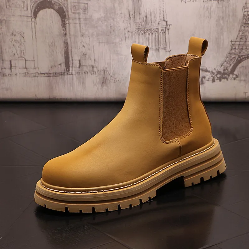 British Mens Yellow Chelsea Boots Round Toe Thick Bottom Platform Male Motorcycle Ankle Botas Trending Leisure Shoes ERRFC