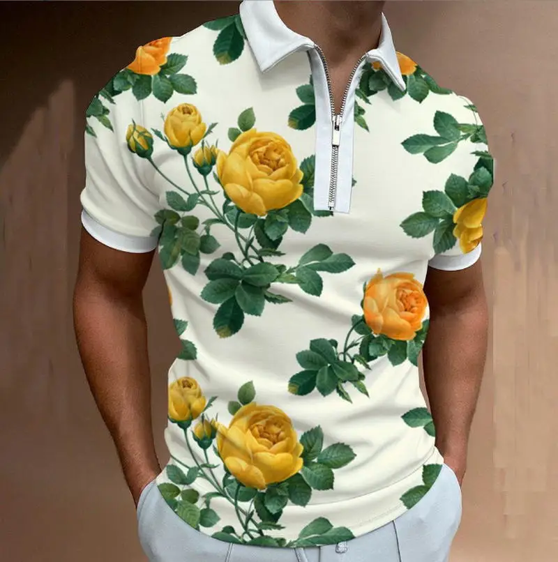

shirts for men 2022 Summer Men's T-Shirt Floral Print Short Sleeve Polo Shirt Men's Clothing Slim Fit Zipper Lapel 3DT Shirt Top