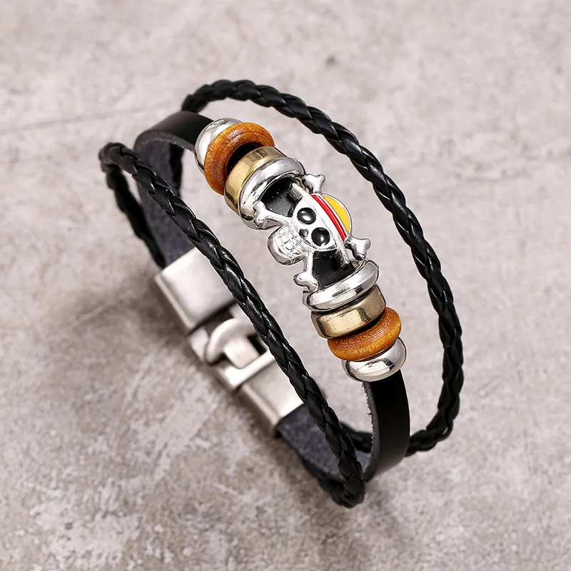 

One Piece Luffy Straw Hat Punk Black Leather Braided Bracelet Pirate Bracelet Cartoon Action Figure Toy Cosplay Accessories Gift