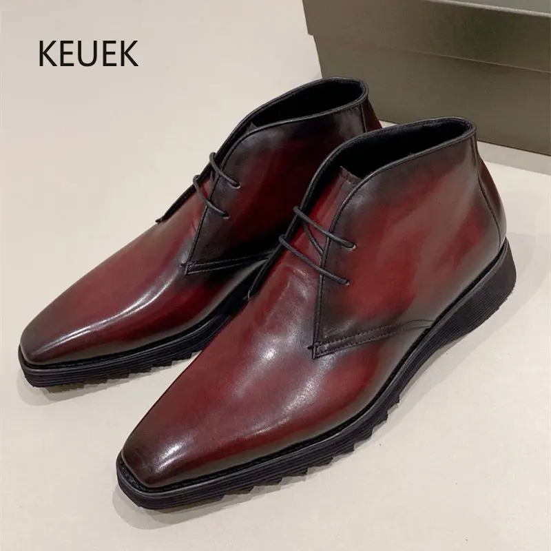 

European High-Top Dress Leather Shoes Lace-Up Short Boots Pointed Toe First Layer Cowhide British Men Ankle Chelsea Boots 2A