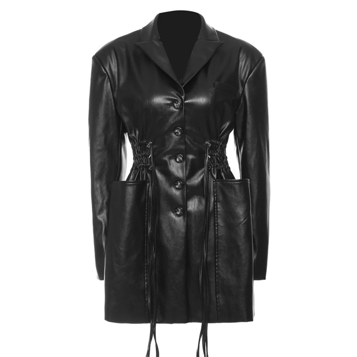 Autumn and Winter Oversized Pocket Domineering Waistable Mid-length Leather Jacket for Women enlarge