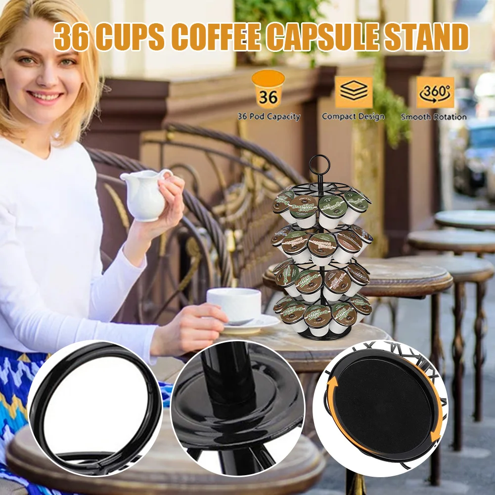 

New 36 Cups Rotatable Coffee Pod Holder Iron Black Coffee Capsule Tower Stand Storage Rack For Kitchen Counter Organizer