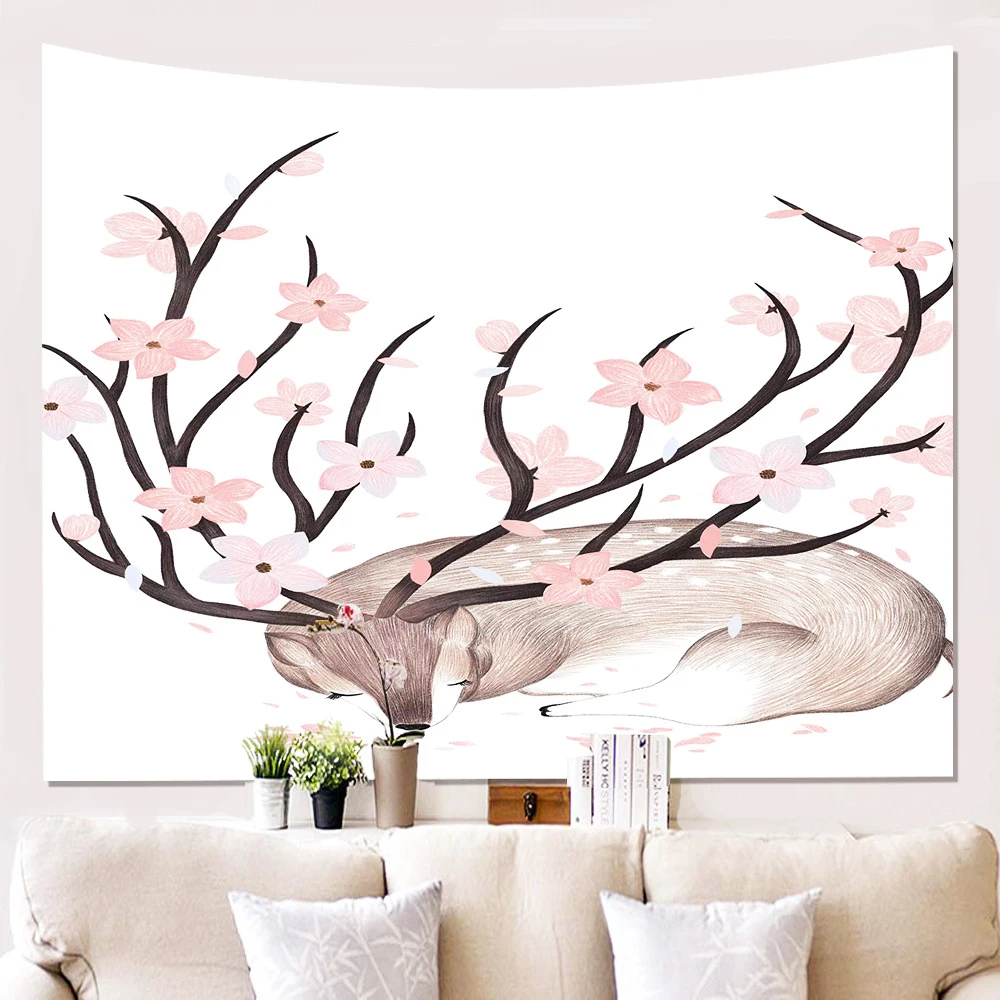 

Животные из мультфильмов, олень, подвесная настенная ткань большого размера, винтажные декоративные гобелены, ткань в стиле бохо, Настенная картина