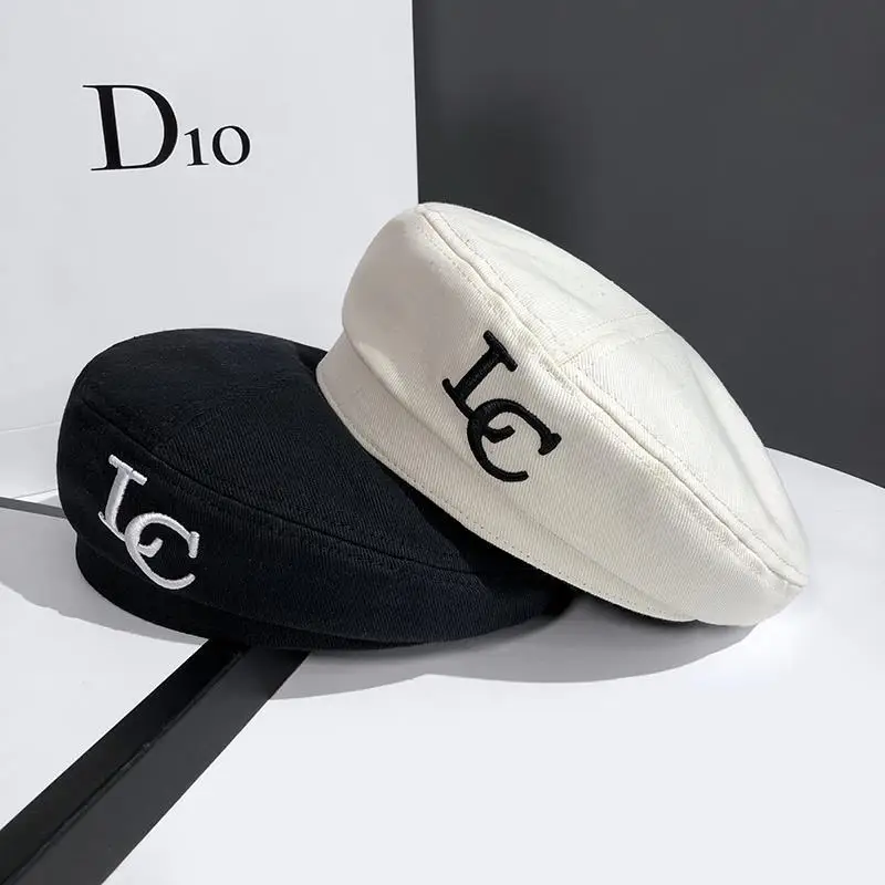

Beret Women's Summer Black Fashionable British Embroidered Letters Painter Cap Japanese Minority Vintage Beret