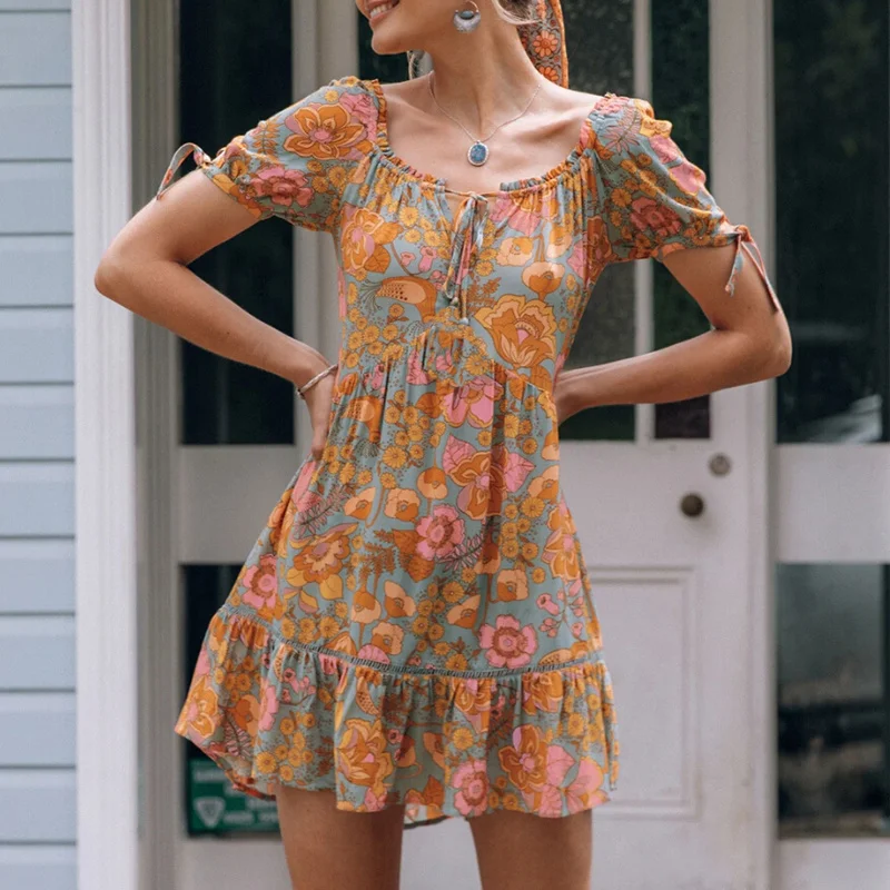 

Женское пляжное мини-платье в стиле бохо, оранжевое винтажное Хлопковое платье-трапеция с цветочным принтом, коротким рукавом-фонариком, на лето