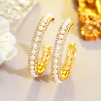threegraces new fashion gold color elegant bridal wedding simulated pearl hoop earrings for women cubic zirconia jewelry er943