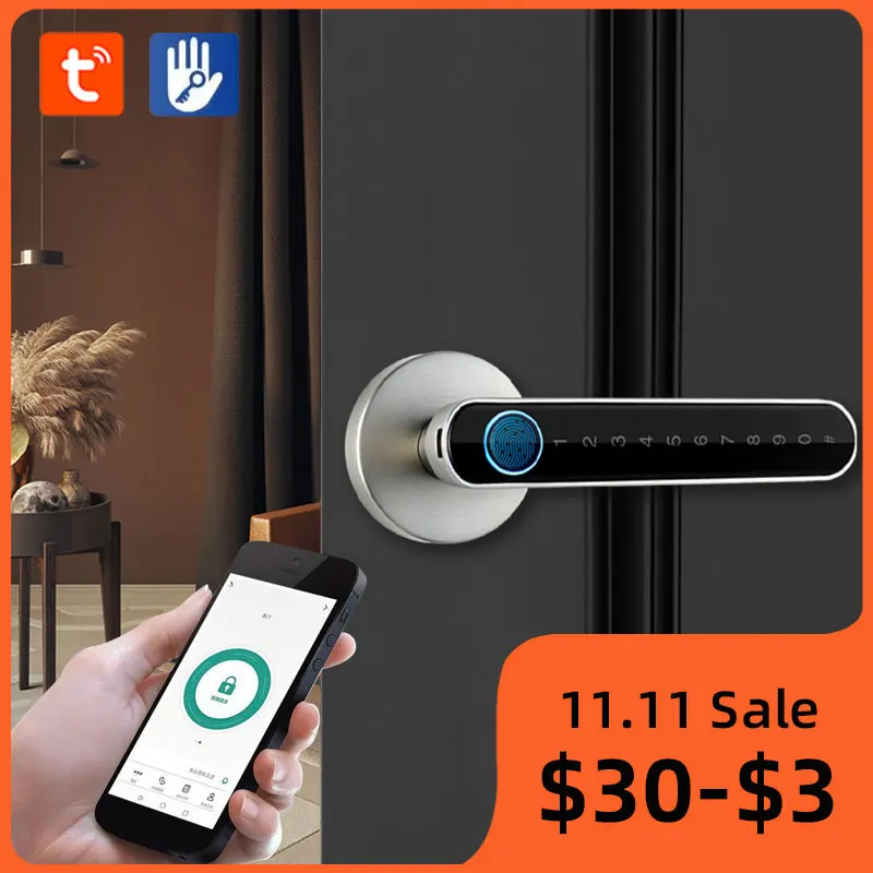 

Wifi Tuya Fingerprint Door Lock APP Remotely Open Smart Door Handle Password Keyless Electric Lock for Home Gateway Kingku