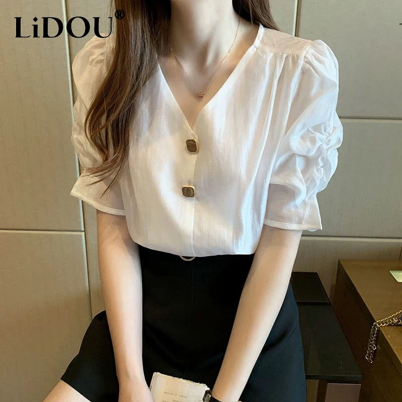 Korean Fashion Solid Sweet V-neck Button Loose Chiffon Shirt Office Elegant Puff Short Sleeve Casual Blouse Top Women Summer