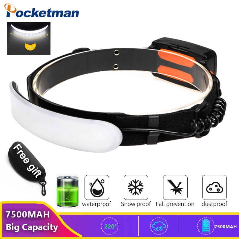 

Pocketman COB LED Headlamp Waterproof Headlight 7500MAH Built-in Battery Head Flashlight Rechargeable Head Torch Head Lamp