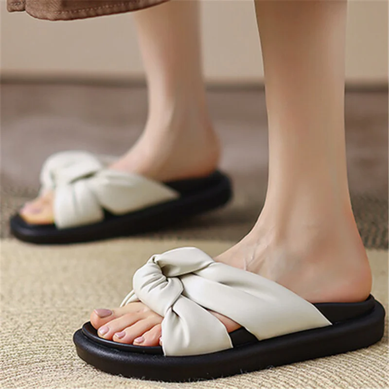 

Шлепанцы Chanmeb женские с перекрестной шнуровкой и бантом, уличные тапочки на плоской платформе, пляжные сандалии ручной работы, Повседневная...