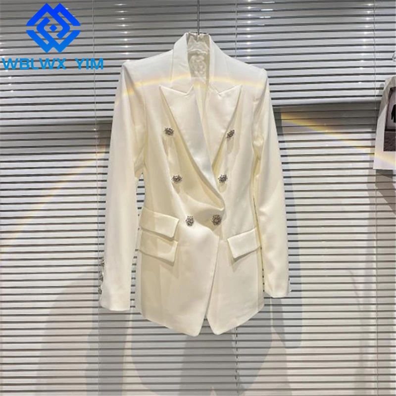 

Autumn Women Blazer Jacket Diamond Double Breasted Fashion Silk Lapel Suit Jacket High Quality Loose Casual Blazers Coat Female