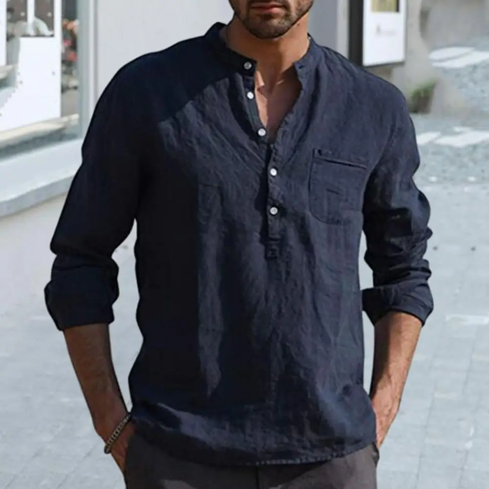 

Men Shirt Stand Collar V-neck Shirt Tops Pocket Long Sleeve Buttons Half Placket Loose Fit Casual Thin Pullover Tops
