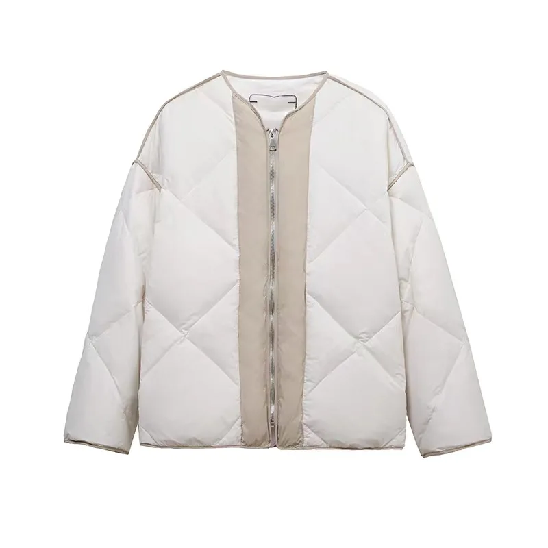 Collision Stitching Rhombus Down Jacket Women's Round Collar Design Sense Short Cotton Jacket White Duck Down Warm Jacket