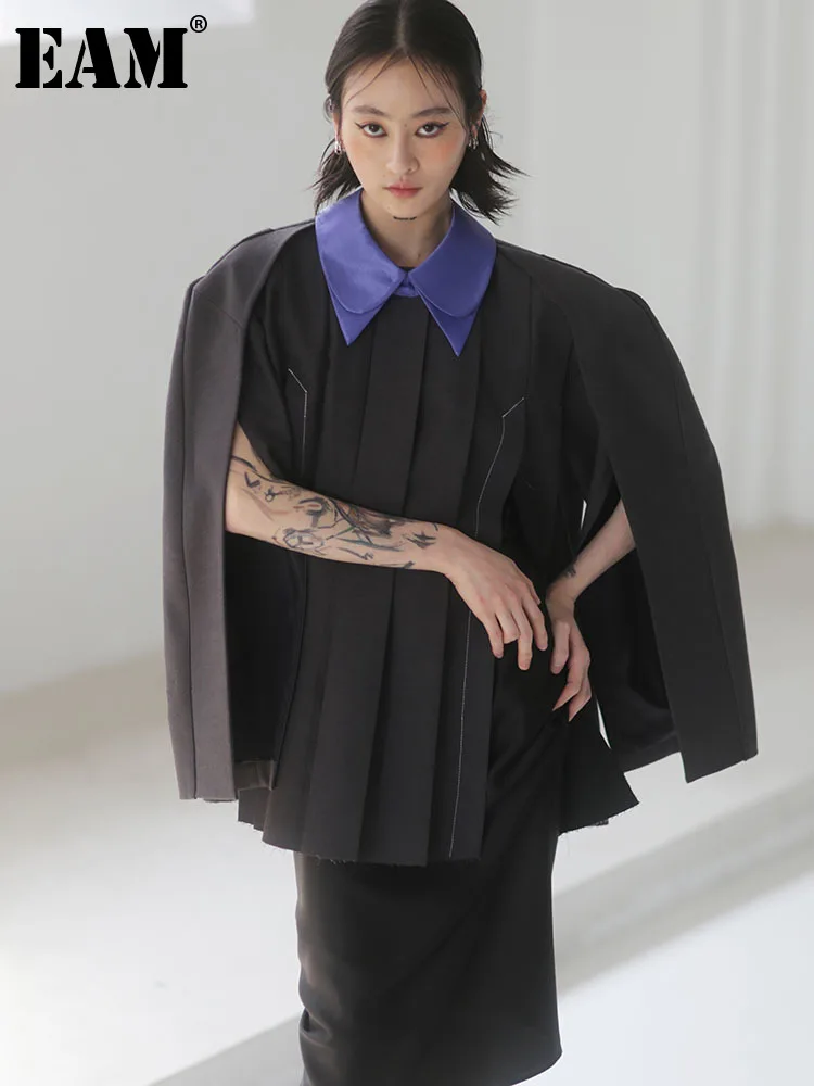 

[EAM] Women Gray Pleated Big Size Color-block Blazer New Lapel Long Sleeve Loose Fit Jacket Fashion Spring Autumn 2023 1DE7203
