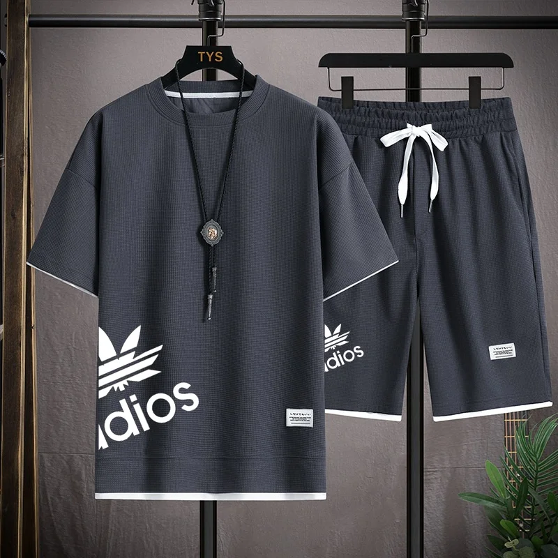 Summer new men's tops, sports shorts, waffle fabric, cool, breathable and sweat-absorbing, casual and fashionable Korean jogging