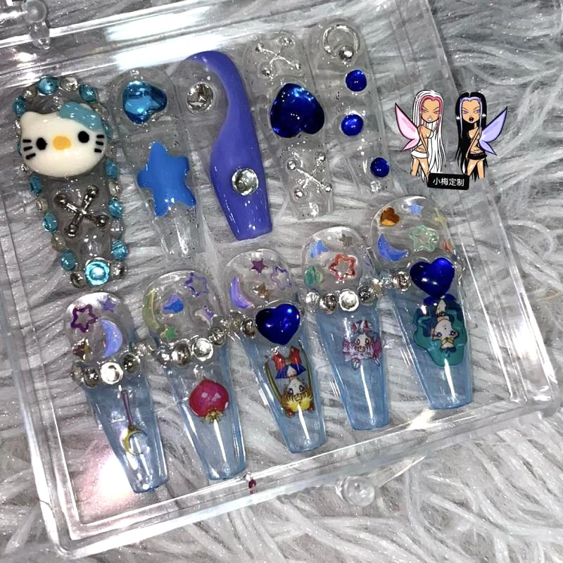 

New Sanrioed Blue Hello Kitty Nail Patch European and American Style Three-Dimensional Decoration Hottie Reusable Nail Patches