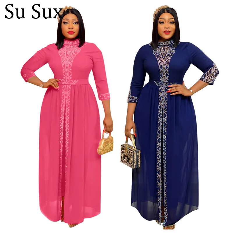 

African Clothes Dashiki Chiffon Patchwork Pant Suits Africa Clothing Sequins High Waist Robe Outfits 2 Piece Set Vestidos 2022