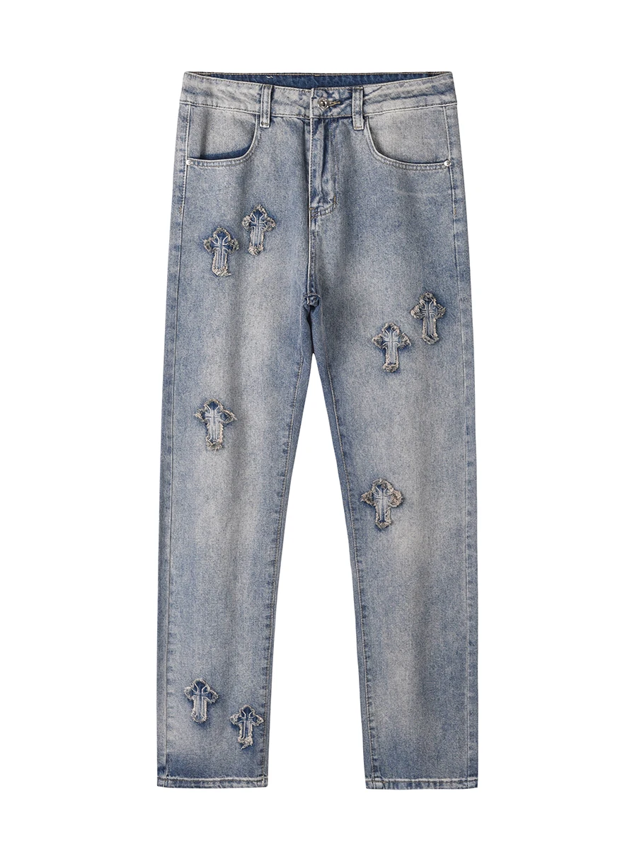 Men's Jeans Four Seasons Cross Embroidery Straight Loose Pants Men's and Women's Streetwear Ins Hot Sale Y2k Men's Jeans JEANS