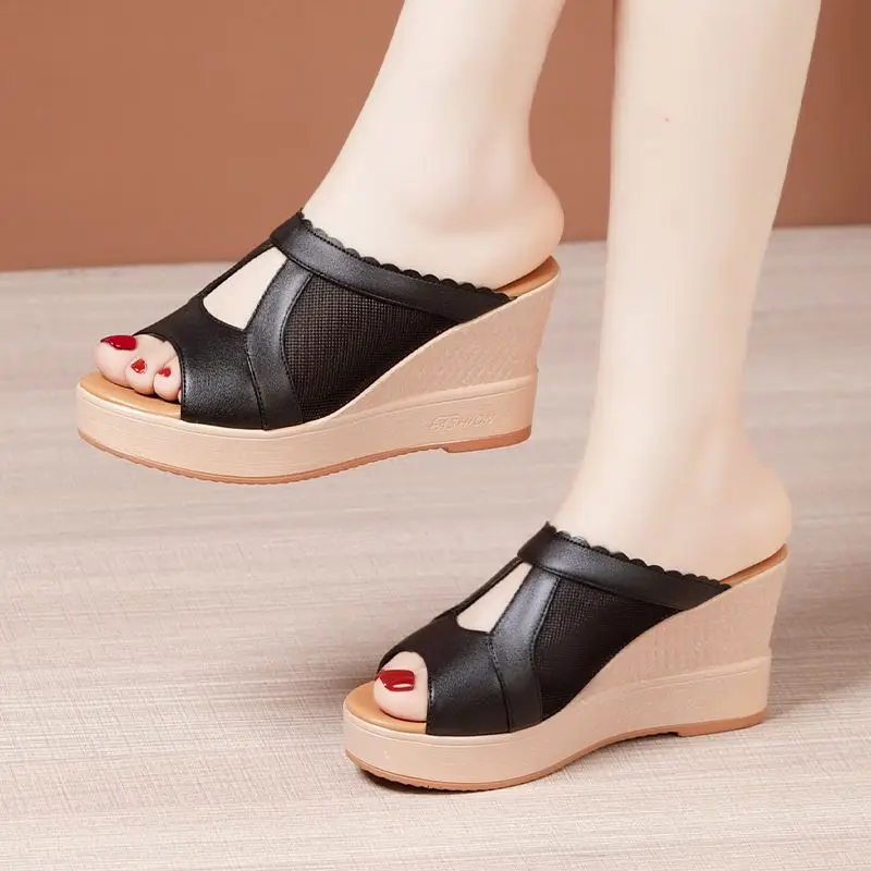 

Breathable Cutout Mesh High Heels Slippers Women's Platform Shoes 2023 Summer Thick Bottom Wedges Slides Office Beach Mom