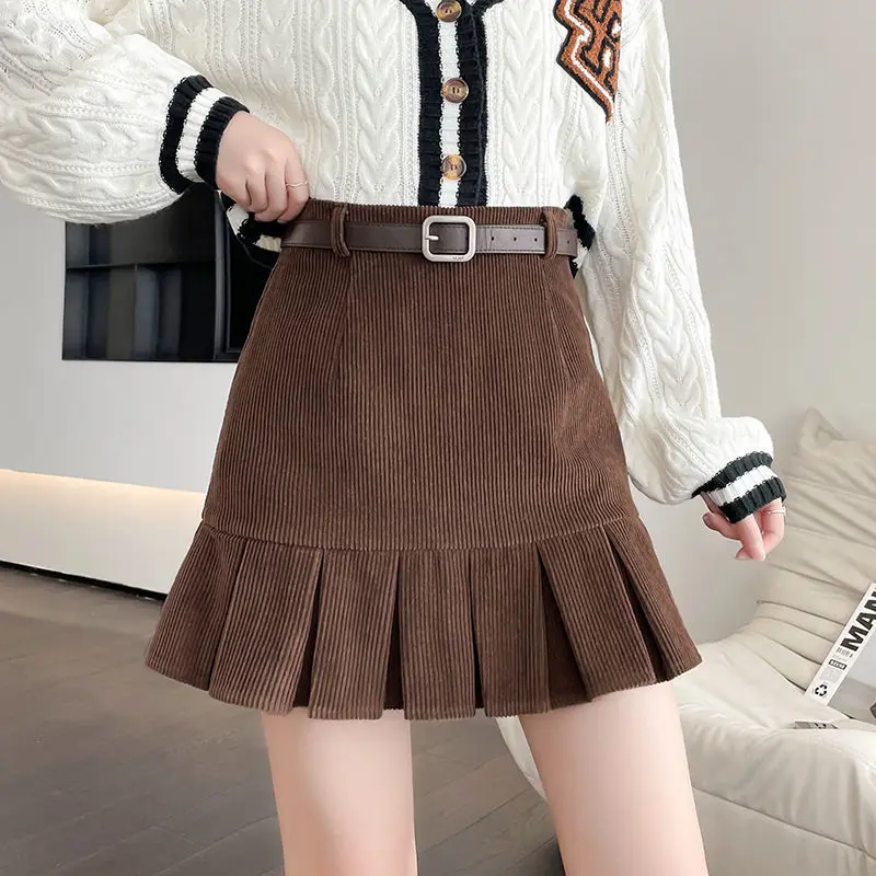 

Vintage Corduroy Pleated Skirt with Belt 2022 Chic Women Winter Preppy Style High Waist A-line Mini Skirts Work OL Office Skater