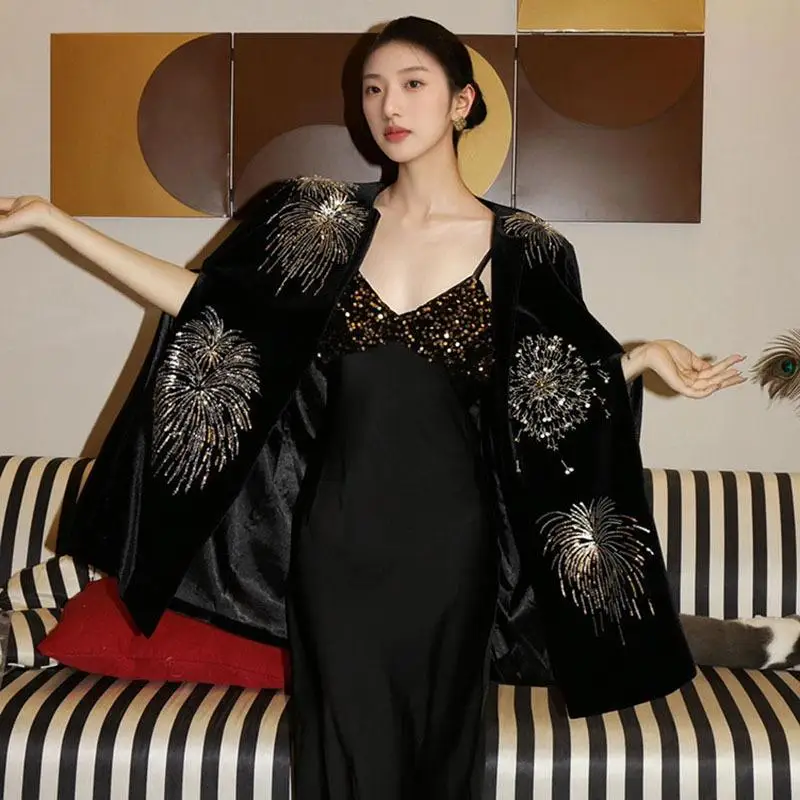 Ретро фейерверк шаль с вышивкой модная черная бархатная накидка пальто