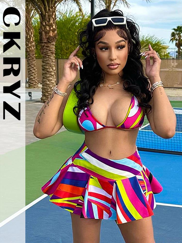 

Ladies Colorful Beach Style Y2K Summer Outfits Women Two Piece Casual Bikini Tops And Zipper Mini Skirts Set Vacation Streetwear