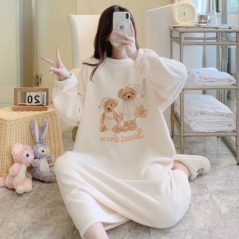 

Nightdress Sleeved Fleece Thick Nightwear Dress Long Women's Home Fleece Nightgown Neck Warm Round Sleepwear Coral Loose Flannel