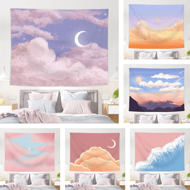 

Pink Moon Tapestry Ins Hanging Cloth Background Canvas Oil Painting Dream Moon Room Decoration Tapestry Wall Covering
