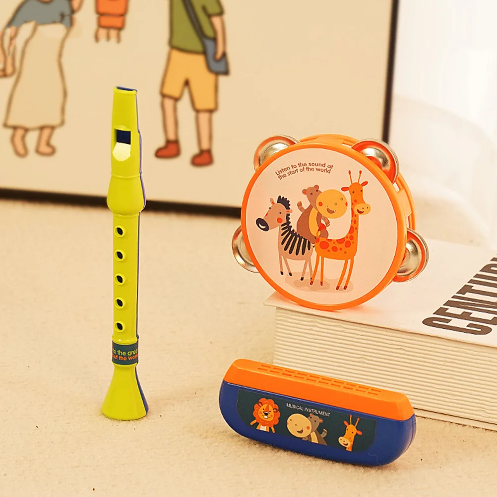

Set Beginner Piccolo Flute Kids Harmonica Children Music Instrument Plastic Tambourine Drum