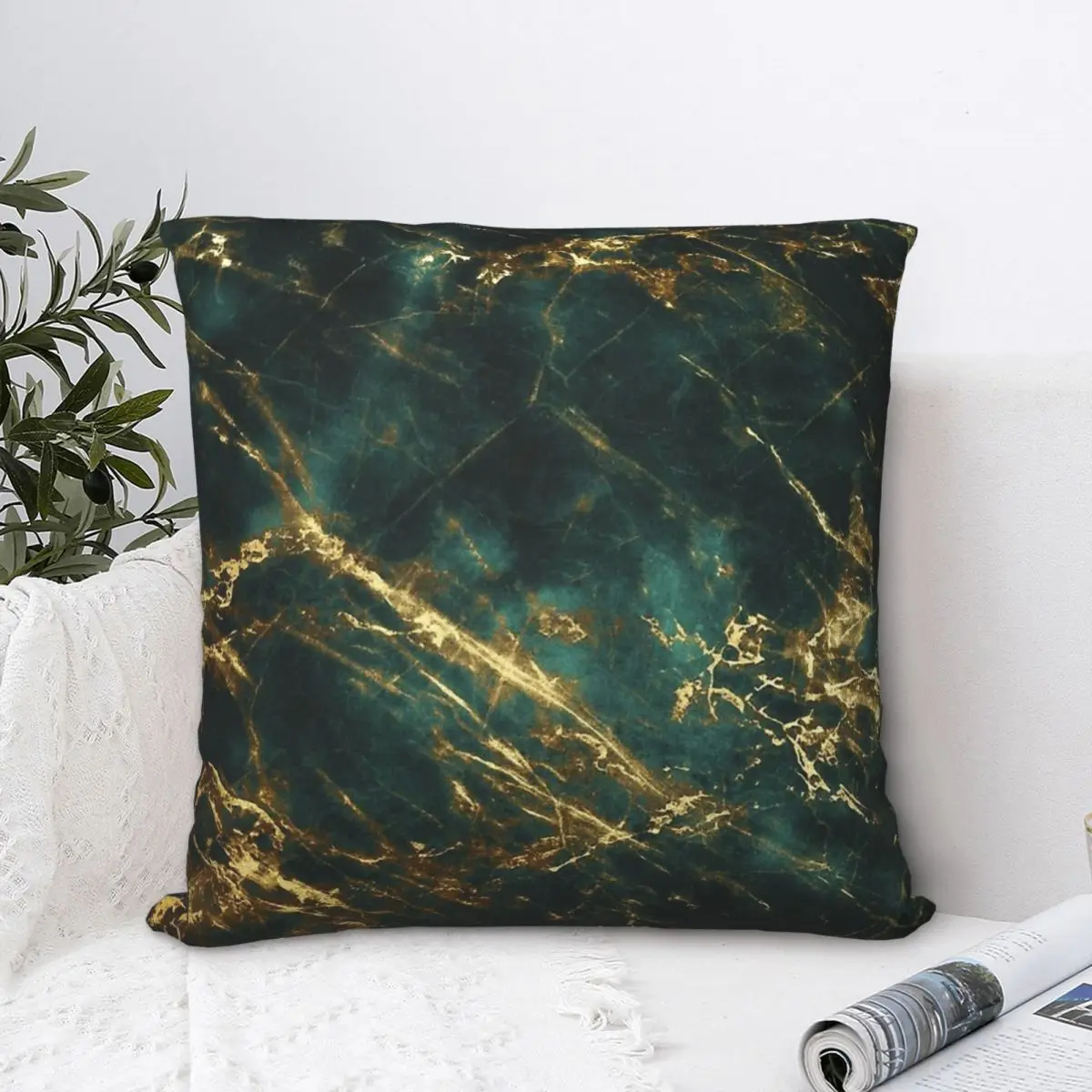 

Lavish Velvet Green Marble With Ornate Gold Veins Polyester Cushion Cover Marble Home Chair Decorative Kawaii Hug Pillowcase