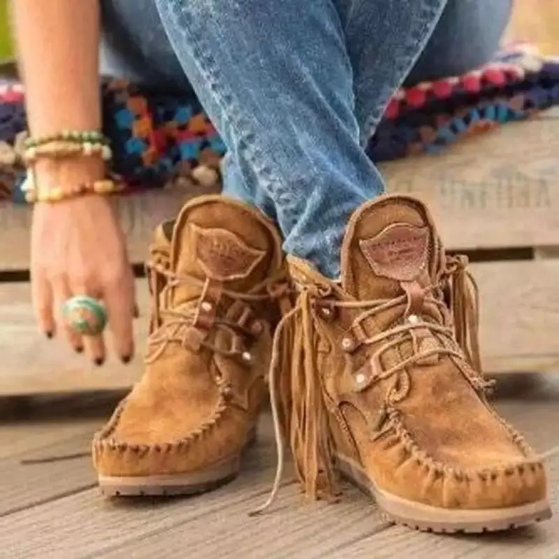 

Winter Women Ankle Boots British Style Tube Frosted Tassel Boots Pop Tide Lace-Up Boho Boots Women Cowboy Shoes Botas Mujer