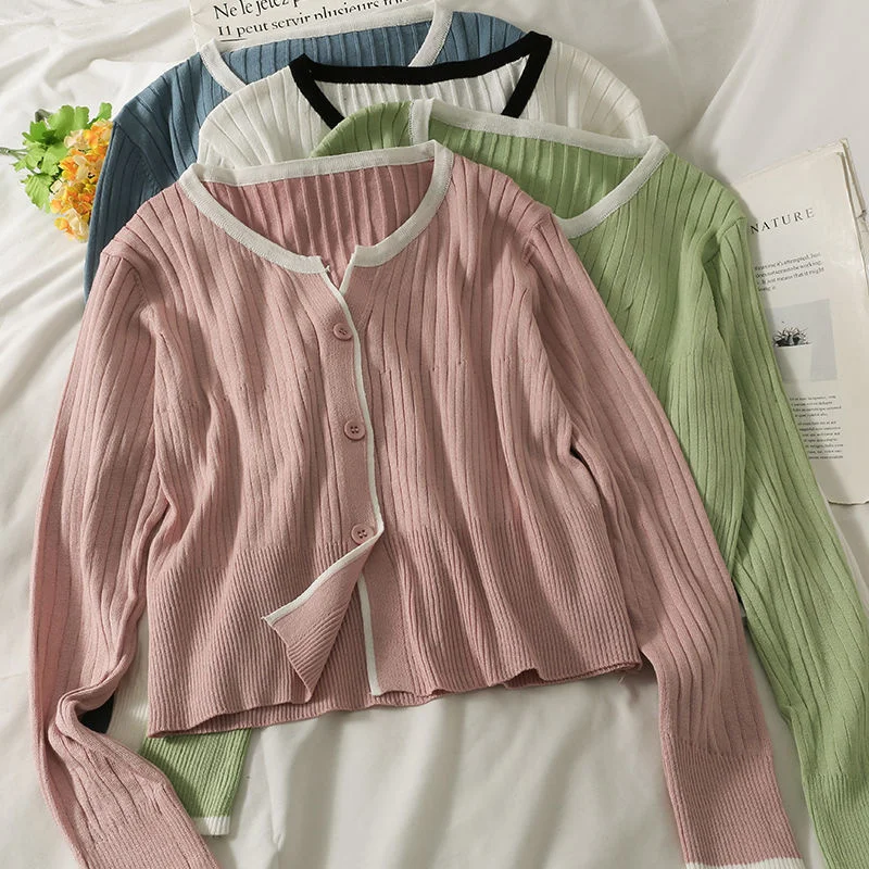 

Fall 2021 Women Patchwork O-Neck Single Breasted Long Sleeve Cropped Sweater Ribbed Button Cardigan Korean Style Ladies Tops
