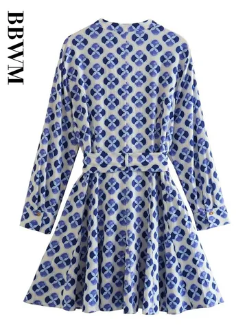 Print Shirt Dress Woman Belt Short Blue Dresses 2023 Vintage Long Sleeve A Type Hem Chic Female Dress Office Casual Linen Dress