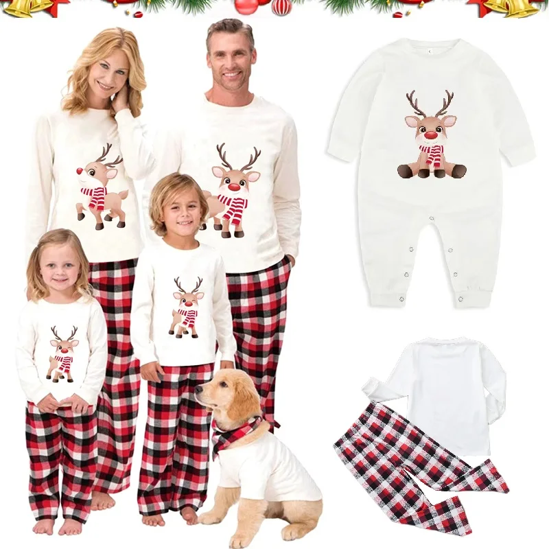 

2022 Lovely Christmas Family Matching Outfits Deer Father Mother Kids Baby Pajamas Set Plaid Daddy Mommy and Me Xmas Pjs Clothes