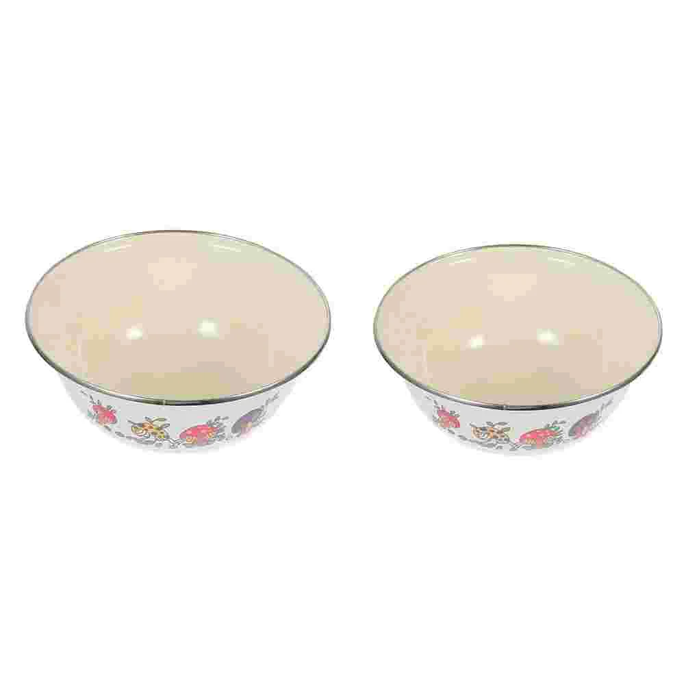 

2pcs Retro Style Lard Basins Iron Enamel Bowls Household Soup Basins (Beige)