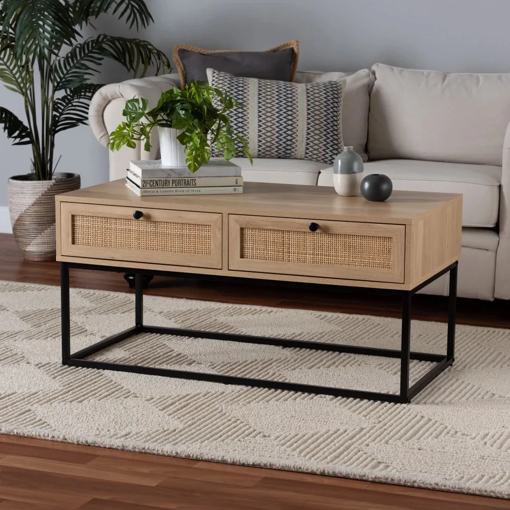 

Baxton Studio Amelia Mid-Century Modern Transitional Natural Brown Finished Wood and Natural Rattan 2-Drawer Coffee Table