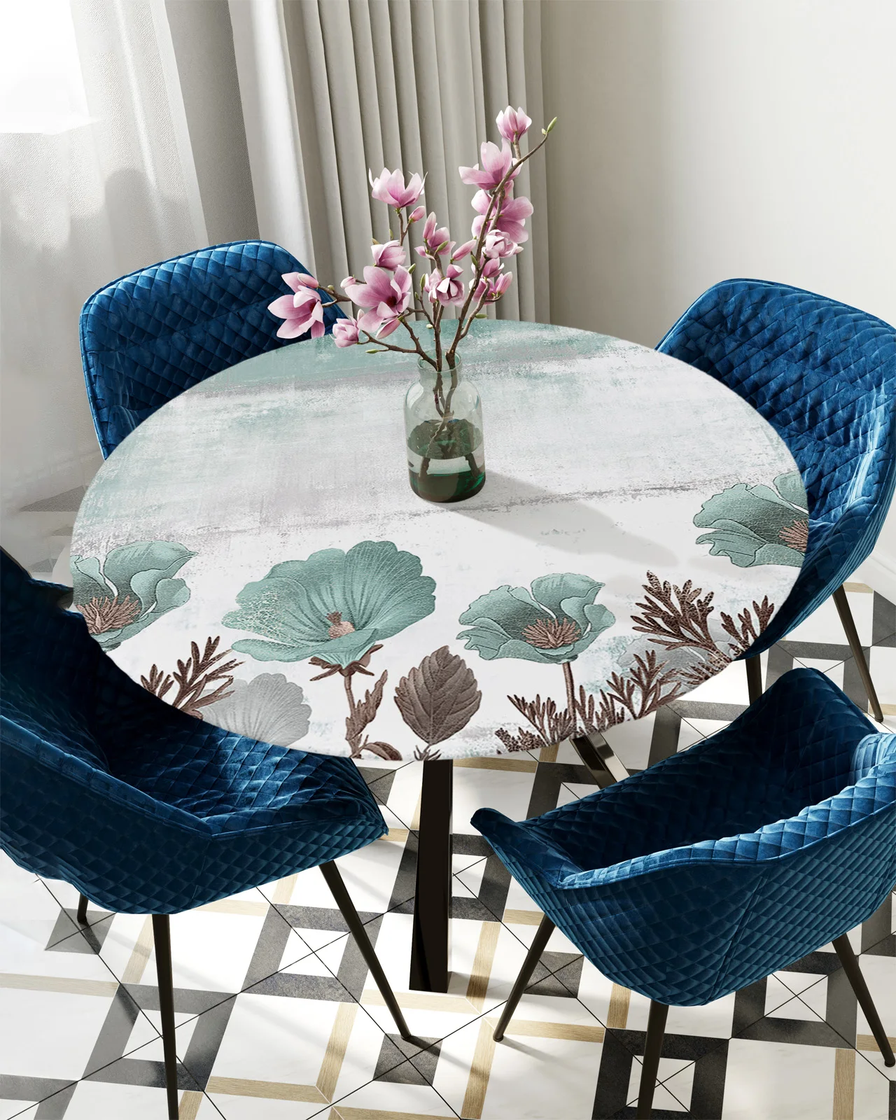 

Rustic Vintage Floral Plant Abstract Round Tablecloth Waterproof Table Cover Home Decoration Dining Room Elastic Tablecloth