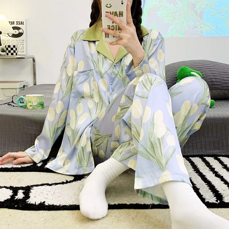 Rayon Pajama Sets Women Tulip Flower Nighty T-Shirt  Homewear Cozy Big Size Pijamas Luxury Designer Clothing Women Sleepwear