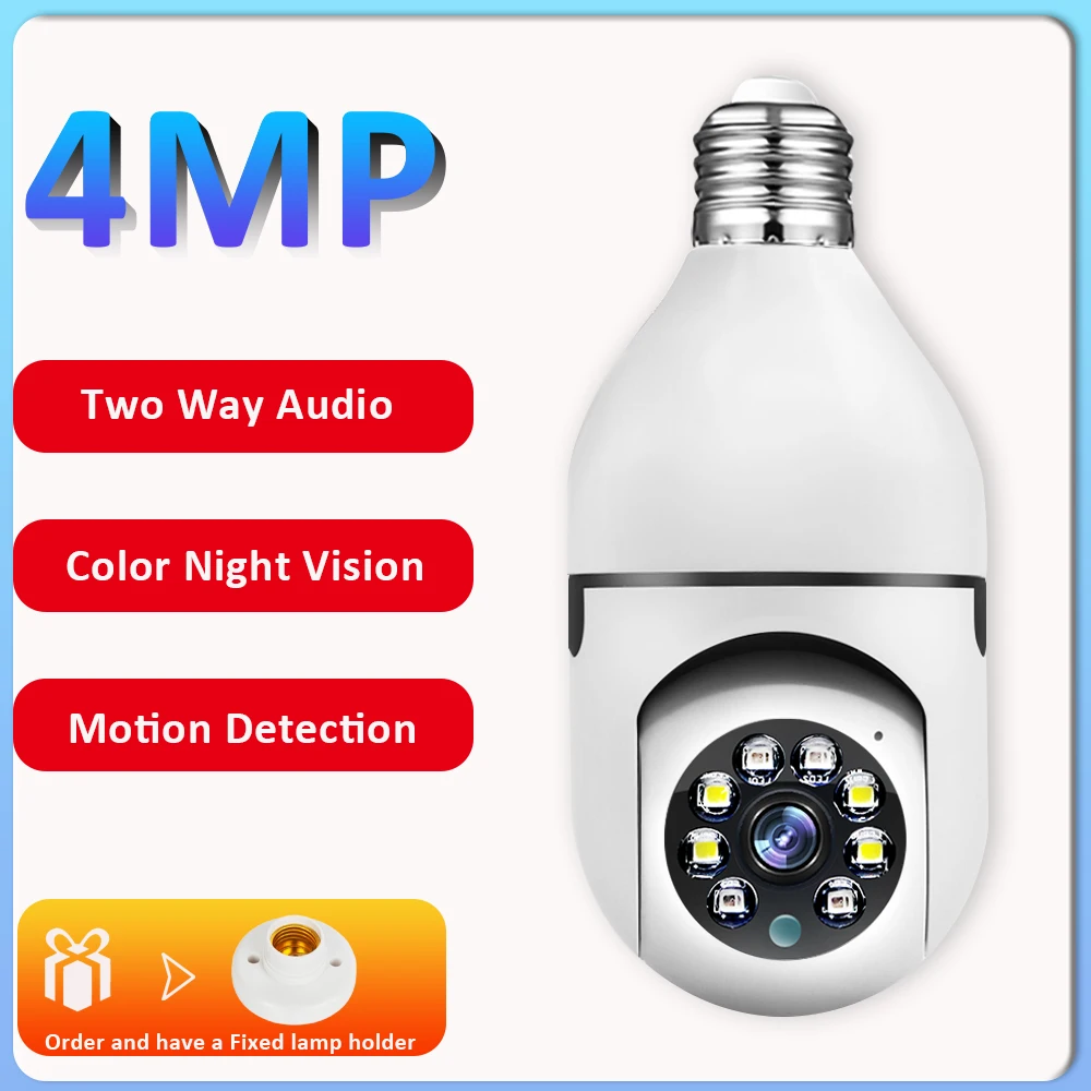 Дешево Наружная камера видеонаблюдения, Wi-Fi, 4 МП, лампочка E27, IP-камера, PTZ, датчик движения