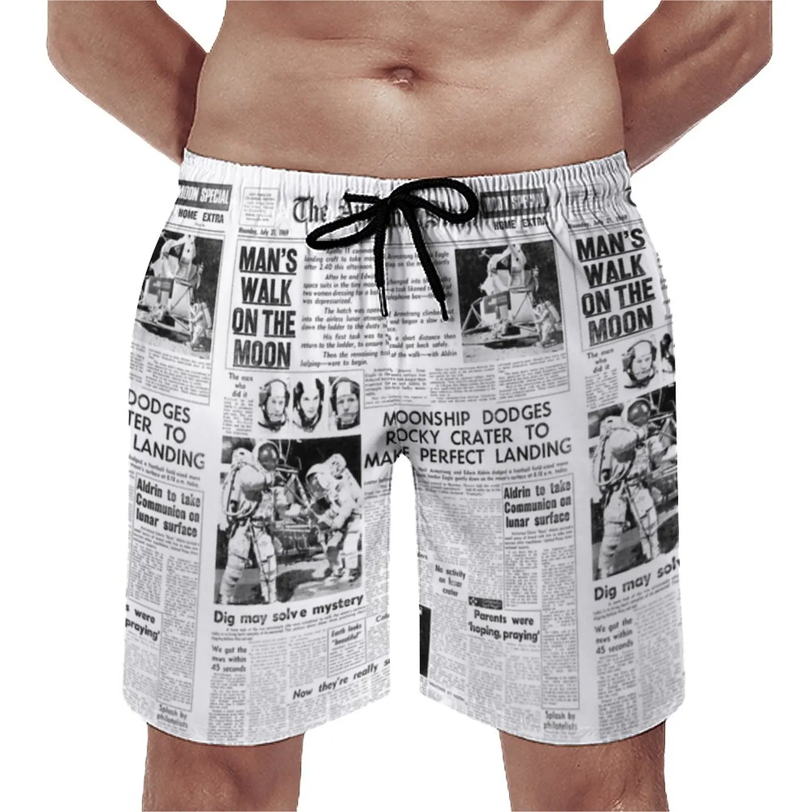 

Newspaper Headlines Board Shorts Historic Moon Landing Beach Shorts Hot Sale Males Pattern Printing Swimming Trunks Plus Size
