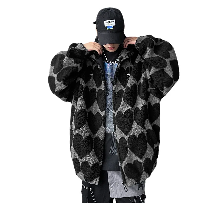 Autumn and winter new trendy brand loose lamb wool coat spades heart padded jacket men men's cold jacket parka Men's winter coat