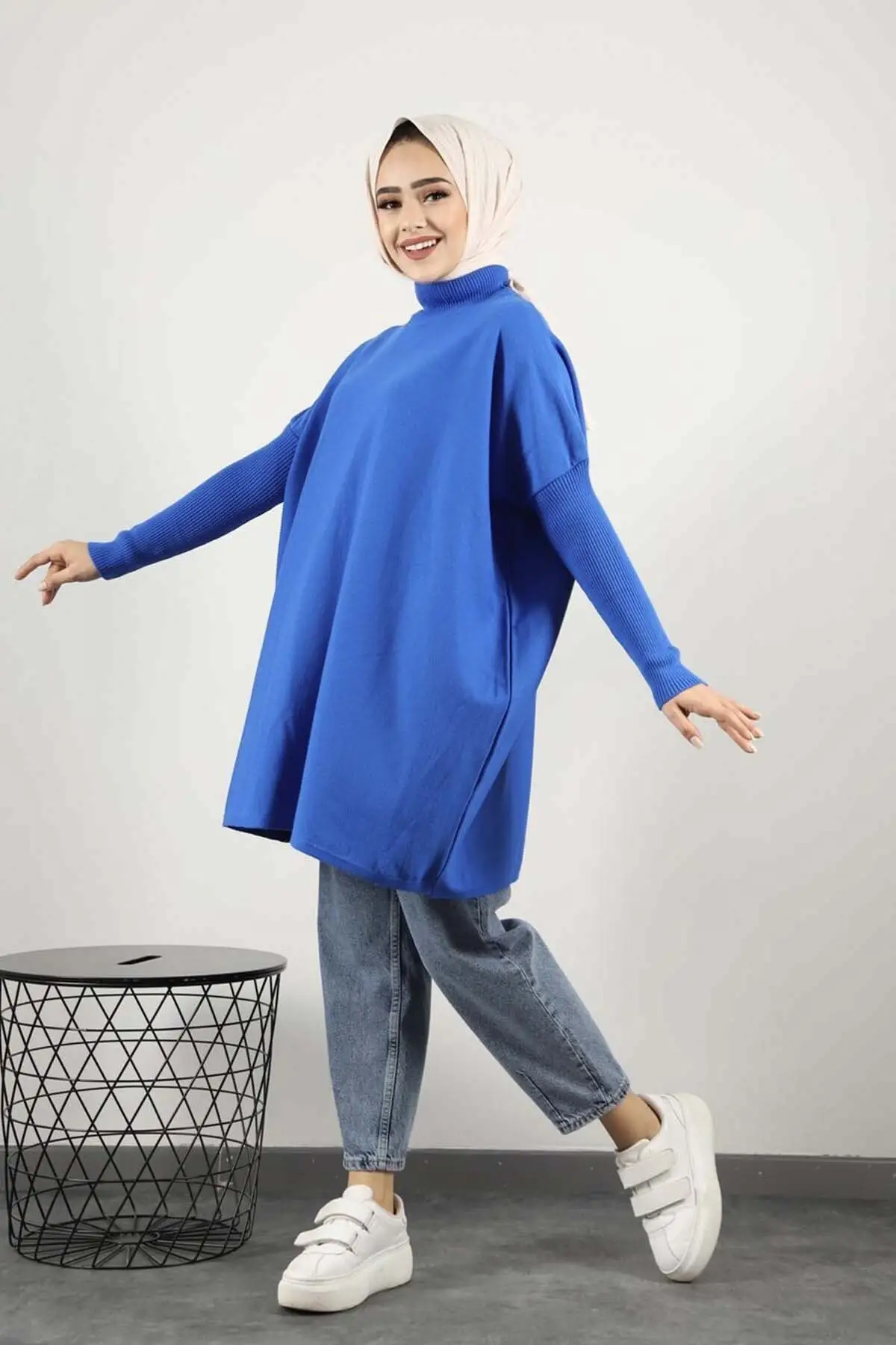 Women's Blue Half Turtleneck Knitwear Panço Pullover Tunic Long Plain Hijab Blouse & Clothing