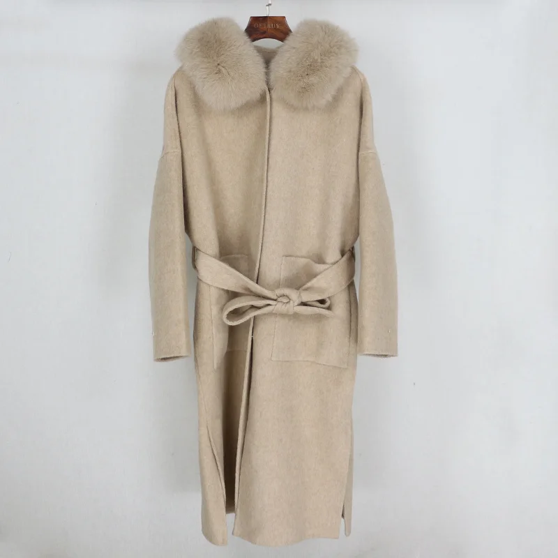 

Женское свободное кашемировое пальто, роскошное Брендовое пальто оверсайз из 2023-ной шерсти, с натуральным лисьим мехом на капюшоне, верхняя...