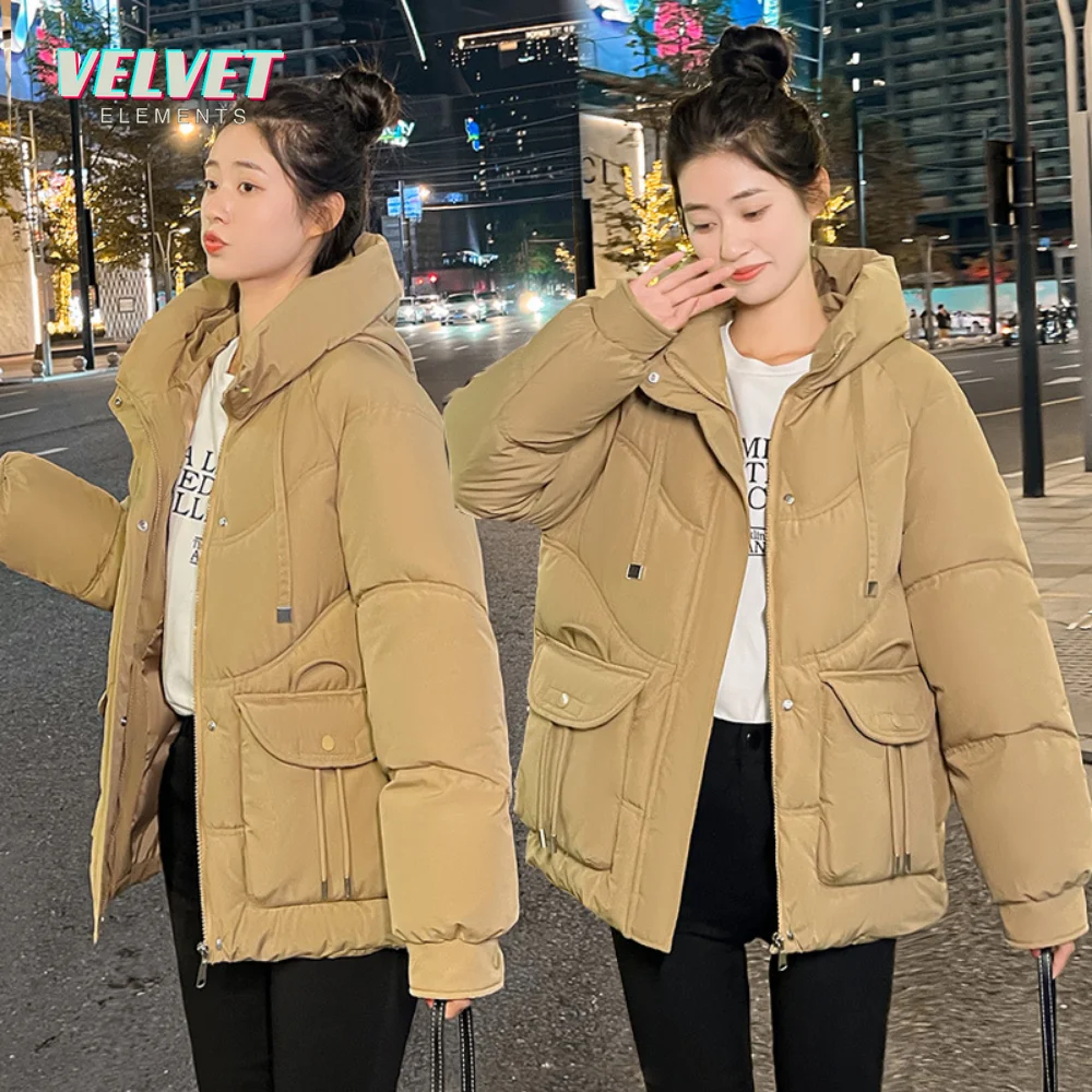 

VE Big Pockets Hooded Cotton Jacket Women Parka Coats Autumn Winter Windproof Warm Outwear Solid Color Padded Zip Cotton Jacket