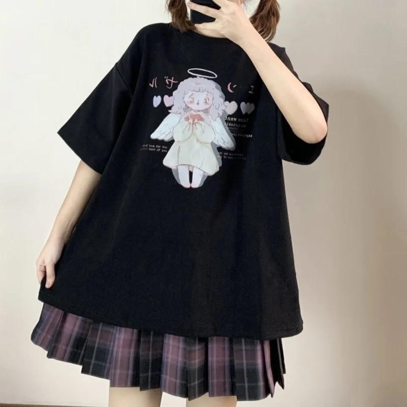 

MINGLIUSILI Kawaii Angel Print T Shirt Women 2022 Korean Fashion Tee Shirt Femme Short Sleeve Cute Casual Loose Black Tops