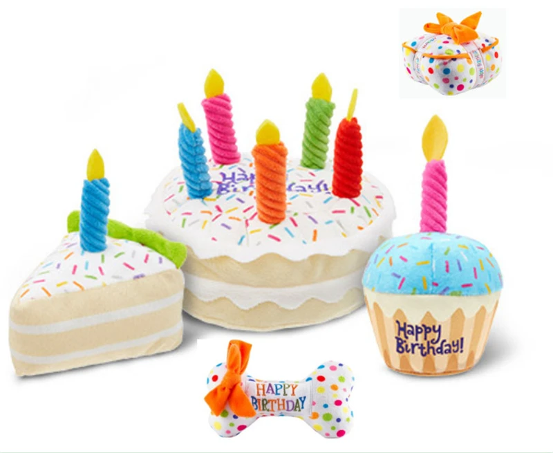 

Birthday Party Custom Stuffed Plush Dog Toy Happy Birthday Cake Squeaky Pet Toys with Candles Pet Supplies