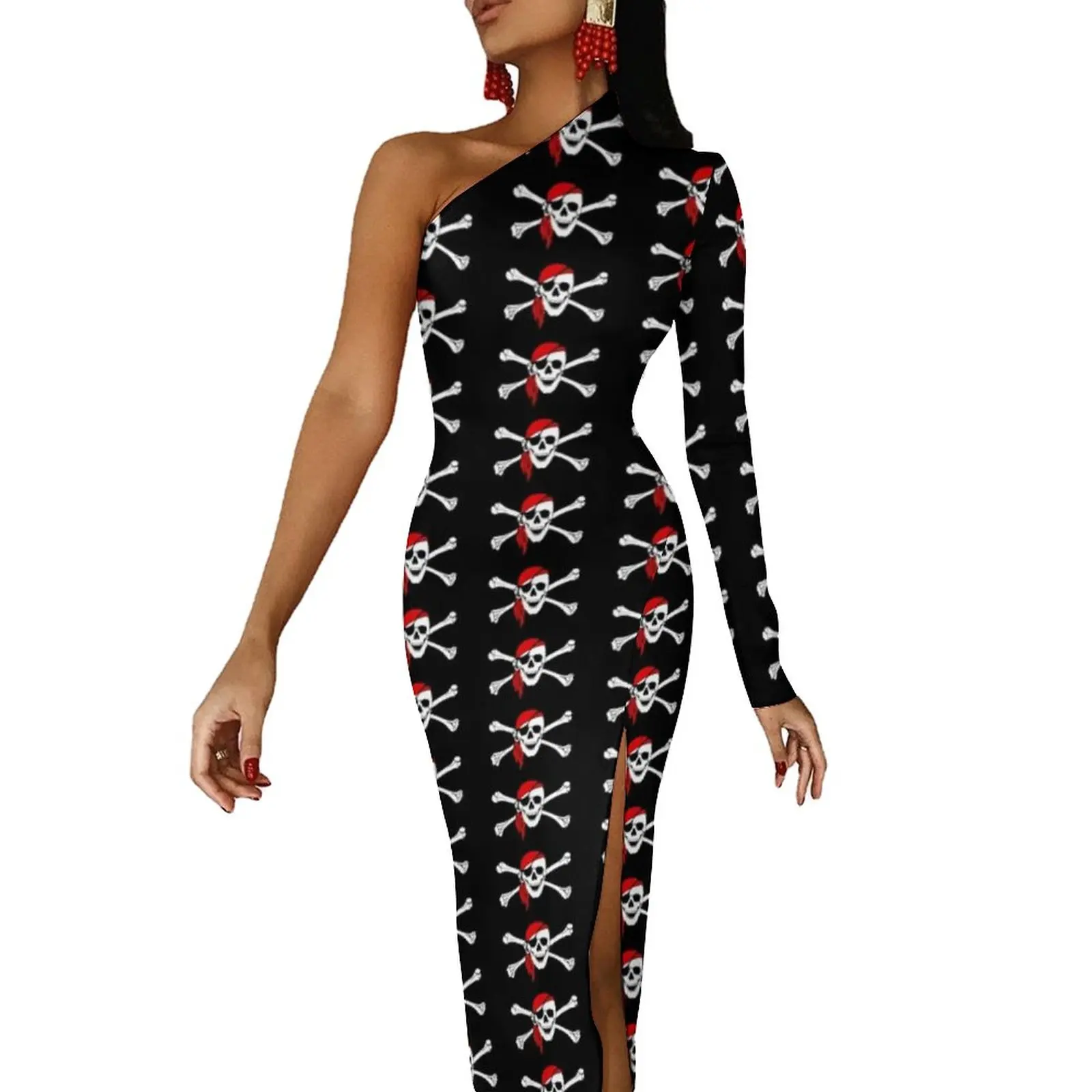 

Pirate Skull Print Maxi Dress Long Sleeve Jolly Roger Crossbones Party Bodycon Dresses Side Split Club Dress Pattern Vestido