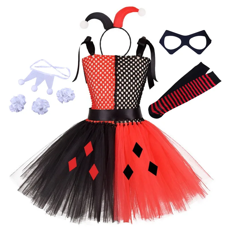 

Balck Red Girls Cosplay Clown Harley Costumes Kids Quinn Tutu Dress Child Purim Christmas Halloween Party Cosplay Clothing Dress