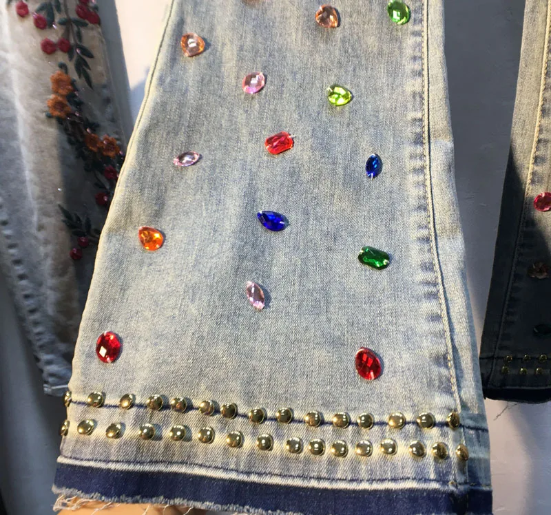 Europe 2023 New Spring Summer Women Denim Trousers Colored Stone Diamonds Stretch Flare Jeans High Waist Light Blue Long Pants